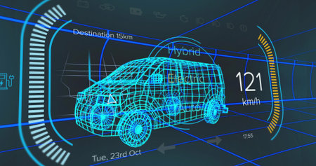 Showing wireframe van cruising in grid, with HUD power bar, speedometer, modes and destination or...