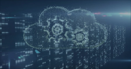 Displaying holographic cloud icon in virtual datacenter, with gears, grid lines and data streams. Technology, innovation, digital, cyber, futuristic, interface, automationの写真素材