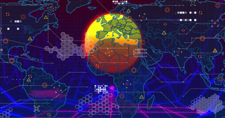 Abstract interface showing circular neon map highlight in dashboard, with hexagon clusters....