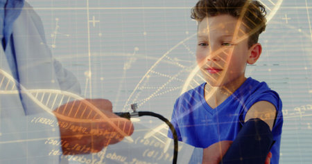 White coat Dr examining boy in clinic with stethoscope, DNA helix and window blinds, copy space. Medical, research, innovation, diagnostics, science, health, technologyの写真素材