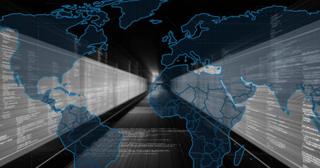 Streaming neon-blue world map outlines flowing through virtual data tunnel, with flying code panels....