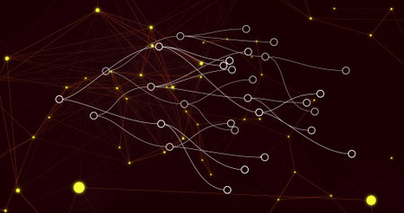 Displaying network linking white nodes in dark burgundy with glowing yellow points and gray lines....