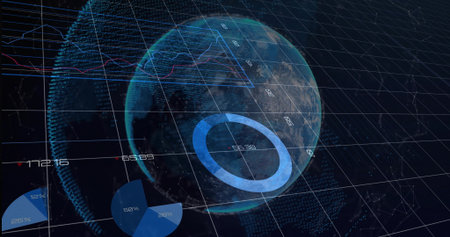 Displaying 3D globe in data display with grid overlay, ring or pie charts, line graphs, numeric labels. Futuristic, digital, technology, analytics, visualization, abstraction, innovationの写真素材