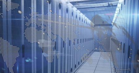 Showing server corridor extending through data center, with LED lights and holographic map overlay....