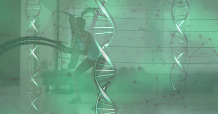 Animation of blockchain over caucasian senior warehouse workerの写真素材