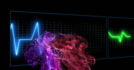 Displaying neon grid featuring blue and green ECG lines, swirling purple-red particles in dark void....
