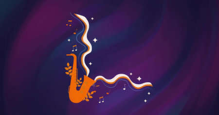 Emitting wavy tricolor ribbon, leaves, sparkles and notes from orange saxophone in dark gradient. Musical, artistic, vibrant, abstract, festive, decorative, expressiveの写真素材