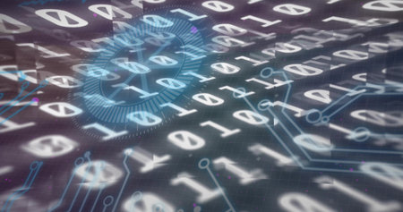 White binary digits receding along grid in cyberspace with circuit traces, HUD and magenta dots....