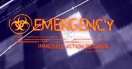 Displaying alert screen on control panel, with biohazard icon, EMERGENCY: IMMEDIATE ACTION REQUIRED....