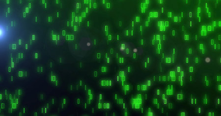 Showing glowing green code blocks streaming over dark gradient backdrop, with lens flare spots....