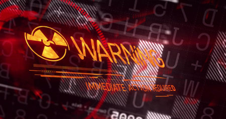 Displaying digital warning interface streaming code on high-tech monitor, with radioactive symbol....