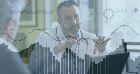 Pointing doctor explaining test results in clinic, with laptop stethoscope digital chart overlays. Healthcare, medical consultation, telemedicine, digital technology, senior care, professional, analysisの写真素材