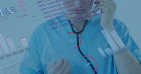 Holding stethoscope medical worker in blue scrubs listening at clinic, with floating digital charts....