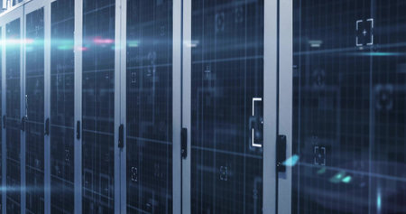 Showcasing row of server racks spanning data center, with LED lights and digital overlay....