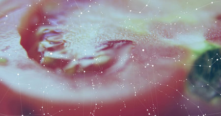 Central liquid showing ripple and droplet in pink-green background, with white dot-and-line overlay. Abstract, digital, futuristic, technology, connectivity, neural, innovativeの写真素材