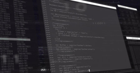 Displaying monitor showing JavaScript code and terminal logs at desk, with split view panels....