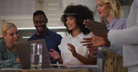 Four business casual professionals discussing code overlay around table with laptop and water glass. Collaboration, teamwork, technology, innovation, modernity, professional, digitalの写真素材