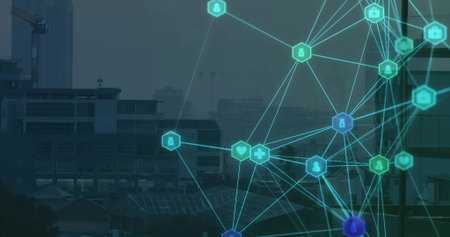 Displaying digital network overlay over city skyline, with hexagon nodes and medical icons....