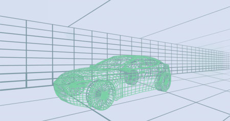Displaying wireframe sedan in 3D modeling space on grid floor, with grid walls and ceiling. Futuristic, digital, innovation, geometric, minimalistic, virtual, automotiveの写真素材
