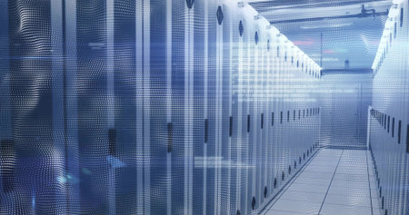 Displaying corridor flanking server cabinets in data center, with LED lights, cable trays, pipes....
