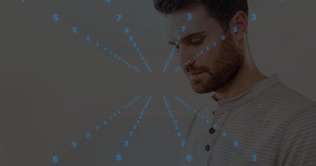 Man examining blue holographic numerals around head against off-white wall in studio, copy space....
