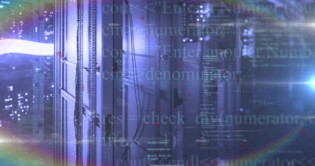Casting glow server rack shimmering in data center corridor, with network cables and code overlay....