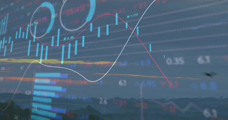 Overlay displaying financial data over rural horizon at dusk with candlestick bars and trend lines. Financial, analytics, infographic, data visualization, rural, evening, technologyの写真素材