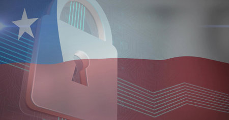 Displaying padlock icon on digital Chilean flag with circuit-board traces and horizontal neon lines. Cybersecurity, digital protection, data security, technology, innovation, digital, cyber defenseの写真素材