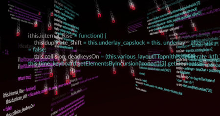 Floating JavaScript code snippets drifting through void, with binary digits and HTML fragments....
