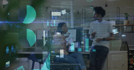 Sharing snack break office colleagues holding pastries, mugs at workstation, with data overlays. Collaboration, workplace, productivity, modern design, teamwork, communication, business casualの写真素材