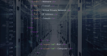 Highlighting aisle between server racks and network cables in data center with HTML code overlay....