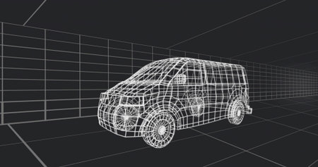 Displaying wireframe cargo van model rotating on virtual 3D grid workspace, perspective grid lines. 3d modeling, digital design, technical illustration, futuristic, automotive, computer graphicsの写真素材