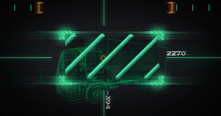 Displaying neon green wireframe cargo truck in HUD interface, with glowing support bars. Futuristic,...