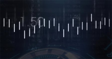 Displaying financial data visualization in dashboard, with candlestick bars, numeric labels, gauge. Finance, analytics, technology, digital, dashboard, data, investmentの写真素材