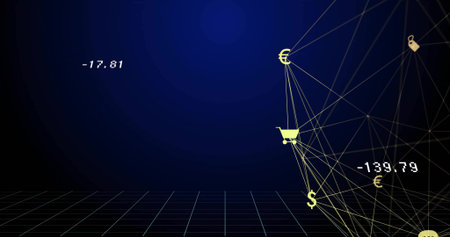 Animation of purple bike icons over woman on bike in cityの写真素材