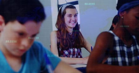 Smiling white teen in sleeveless plaid top with headband sitting in classroom with digital overlays. Learning, education, collaboration, technology, youth, classroom, studyの写真素材