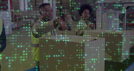 Man in yellow vest scanning box on conveyor in warehouse, with barcode scanner and data overlay....