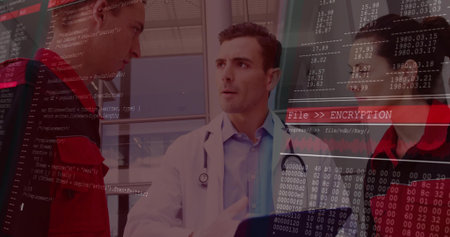 Doctor in lab coat consulting paramedics in red jackets in corridor, with stethoscope. Medical,...