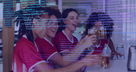 Red jersey friends clinking beer mugs at sports bar counter, with programming code overlay....