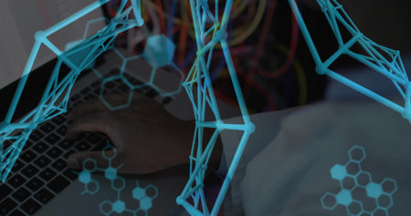 Typing man wearing lab coat on laptop at server room desk, displaying molecular modeling overlays. Technology, innovation, science, data, digital, professional, futuristicの写真素材