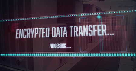 Displaying overlay showing encrypted data transfer processing on server racks, LEDs in data center....