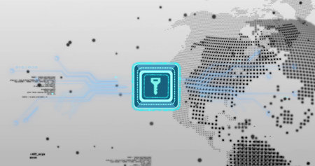 Connecting central key icon with circuit lines to code and world map on interface, cybersecurity....