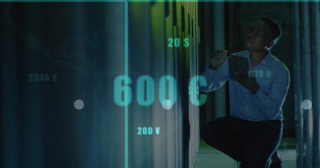 Kneeling tech tapping tablet in datacenter corridor, with racks and holograms, copy space....