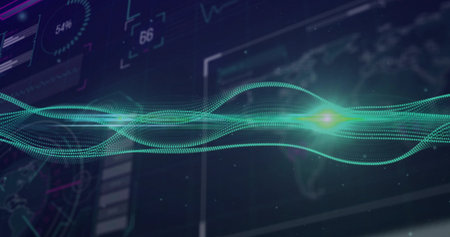 Displaying glowing green waveform undulating on digital dashboard, with HUD panels and map outlines....