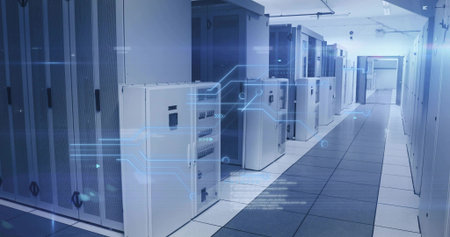Server cabinets lining data center corridor showing network racks, circuit boards and glowing LEDs....