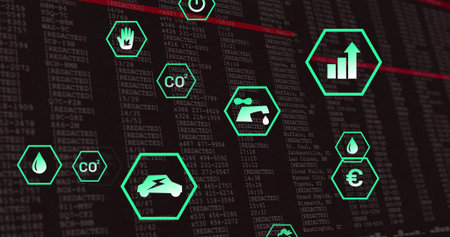 Displaying green hexagonal environmental icons on dark digital dashboard, with energy metrics. Technology, innovation, sustainability, data visualization, infographics, digital interface, ecofriendlyの写真素材