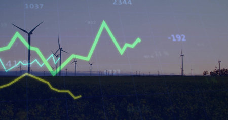 Displaying wind turbines stretching across field at dusk, with glowing green and yellow line graphs....