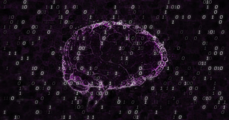 Glowing purple neural network pulsing in cyberspace, holding binary digits and electric arcs. Technology, innovation, digital, futurism, connectivity, data, aiの写真素材
