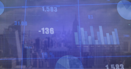 Displaying digital analytics overlaying city skyline, with bar chart January-July and pie segments. Technology, urban, interface, dashboard, finance, analytics, modernの写真素材
