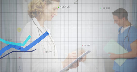 Analyzing lab coat clad doctor tapping tablet in clinic corridor, with stethoscopes and data graphs....